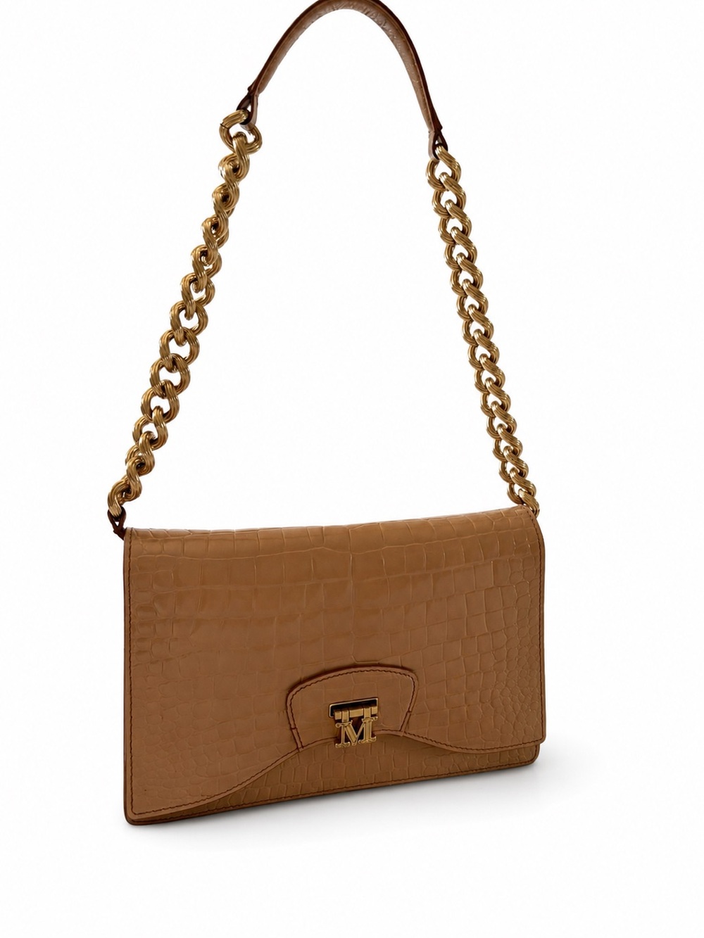 MaxMara Tan Croc‑Embossed Shoulder Bag with Gold Chain